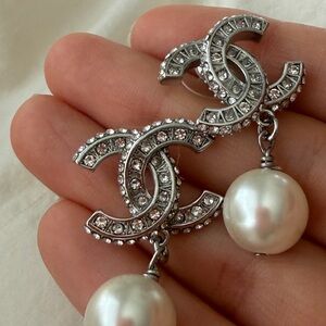 CHANEL Silver Crystal CC Logo Drop Earrings with White Pearls